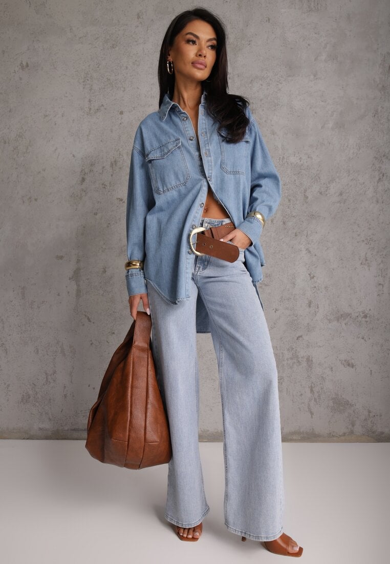 Niebieska Koszula Denimowa z Bawełną o Kroju Oversize Dinista