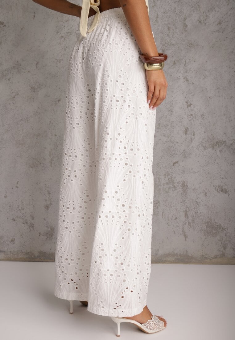 Białe Ażurowe Spodnie Wide Leg z Bawełny w Rustykalnym Stylu z Haftem Elladith