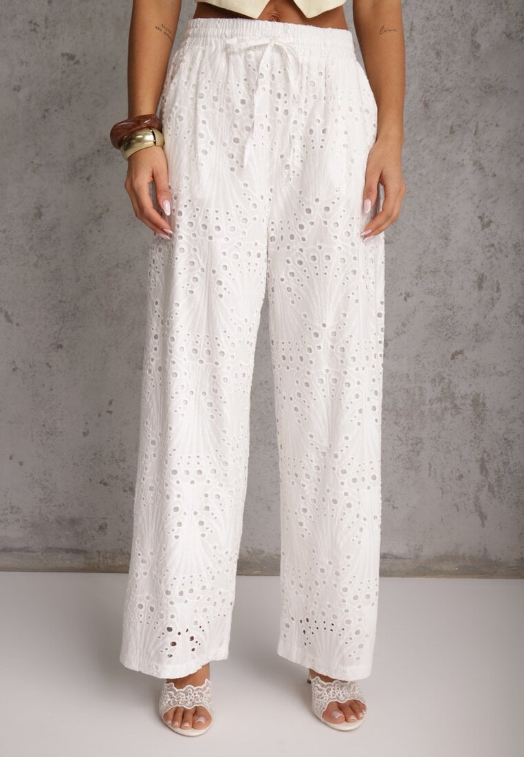 Białe Ażurowe Spodnie Wide Leg z Bawełny w Rustykalnym Stylu z Haftem Elladith