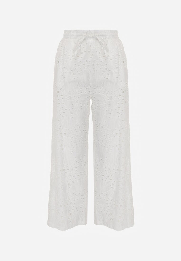 Białe Ażurowe Spodnie Wide Leg z Bawełny w Rustykalnym Stylu z Haftem Elladith