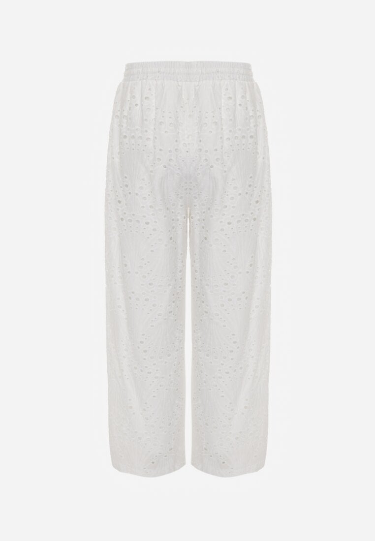 Białe Ażurowe Spodnie Wide Leg z Bawełny w Rustykalnym Stylu z Haftem Elladith