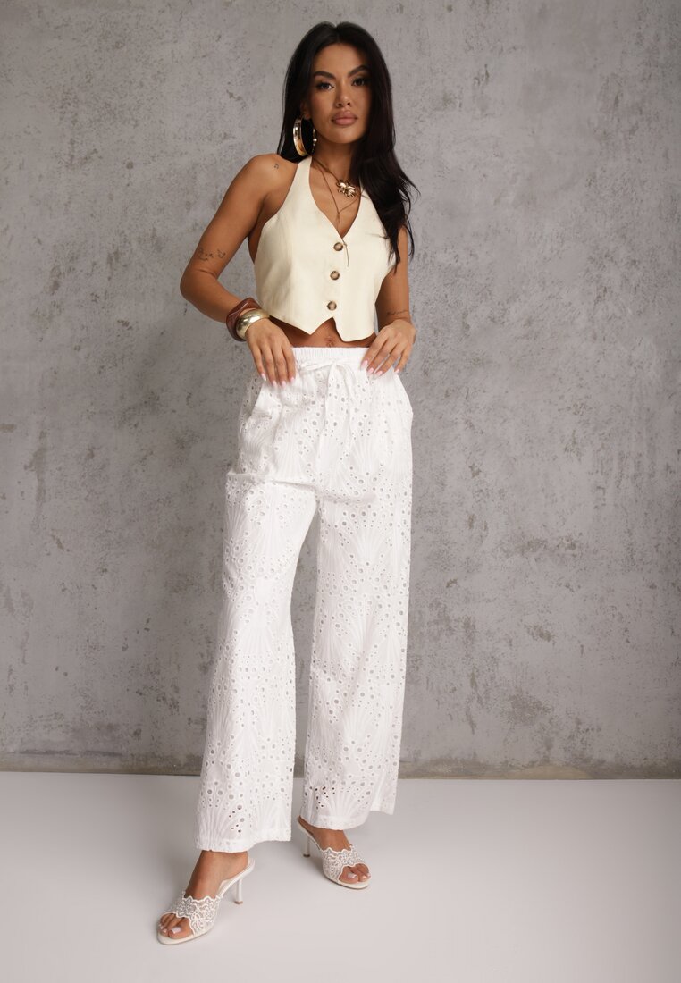 Białe Ażurowe Spodnie Wide Leg z Bawełny w Rustykalnym Stylu z Haftem Elladith