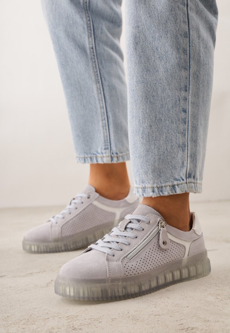 Niebieskie Zamszowe Sneakersy z Półtransparentną Podeszwą Suwakiem i Wkładką ze Skóry Sewtera