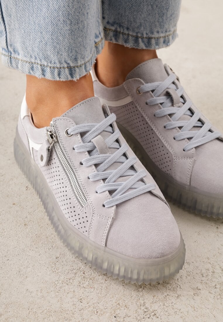 Niebieskie Zamszowe Sneakersy z Półtransparentną Podeszwą Suwakiem i Wkładką ze Skóry Sewtera