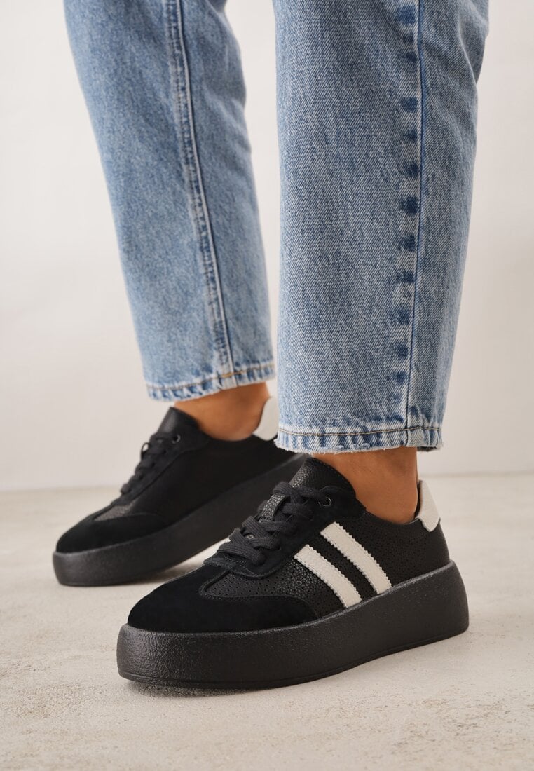Czarne Sneakersy ze Skóry Naturalnej na Platformie z Perforacją  i Paskami Urevla