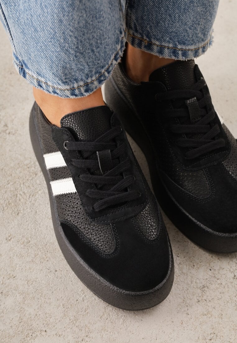 Czarne Sneakersy ze Skóry Naturalnej na Platformie z Perforacją  i Paskami Urevla