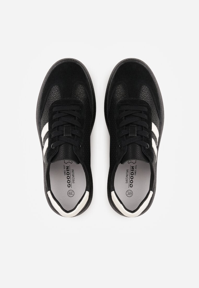 Czarne Sneakersy ze Skóry Naturalnej na Platformie z Perforacją  i Paskami Urevla