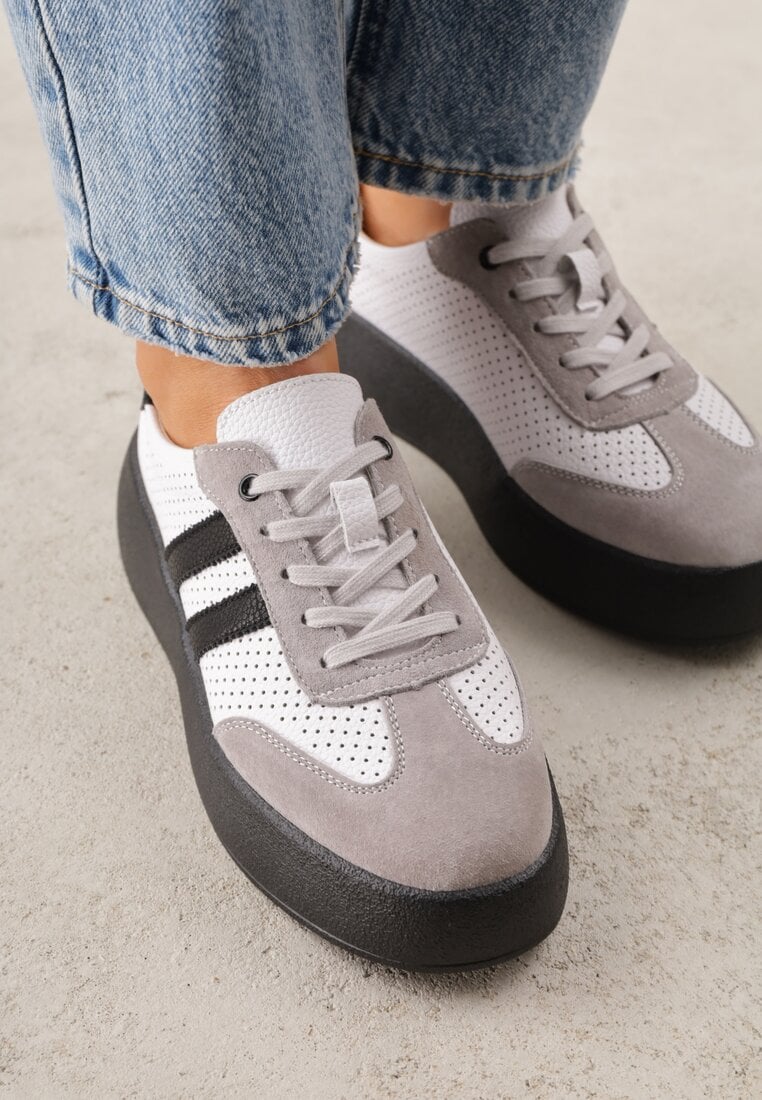 Biało-Szare Sneakersy ze Skóry Naturalnej na Platformie z Perforacją  i Paskami Urevla
