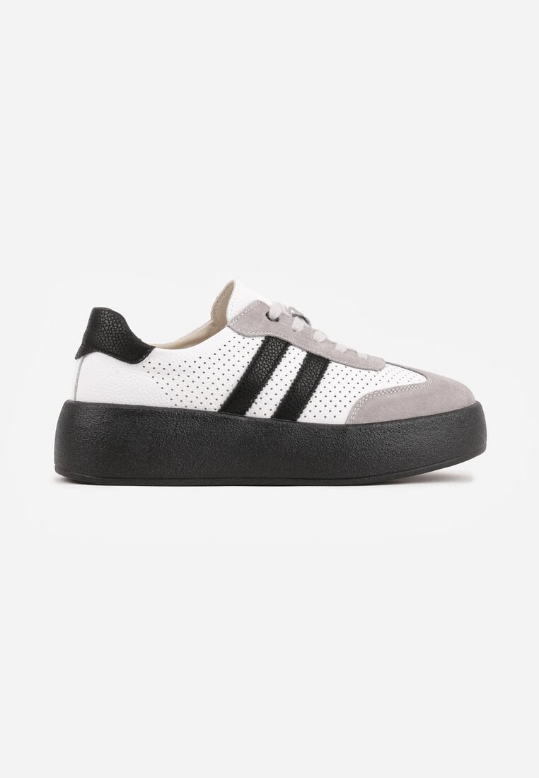 Biało-Szare Sneakersy ze Skóry Naturalnej na Platformie z Perforacją  i Paskami Urevla