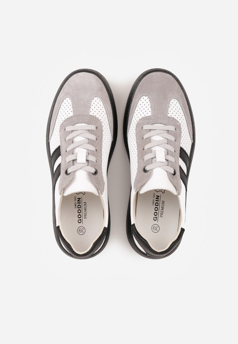 Biało-Szare Sneakersy ze Skóry Naturalnej na Platformie z Perforacją  i Paskami Urevla