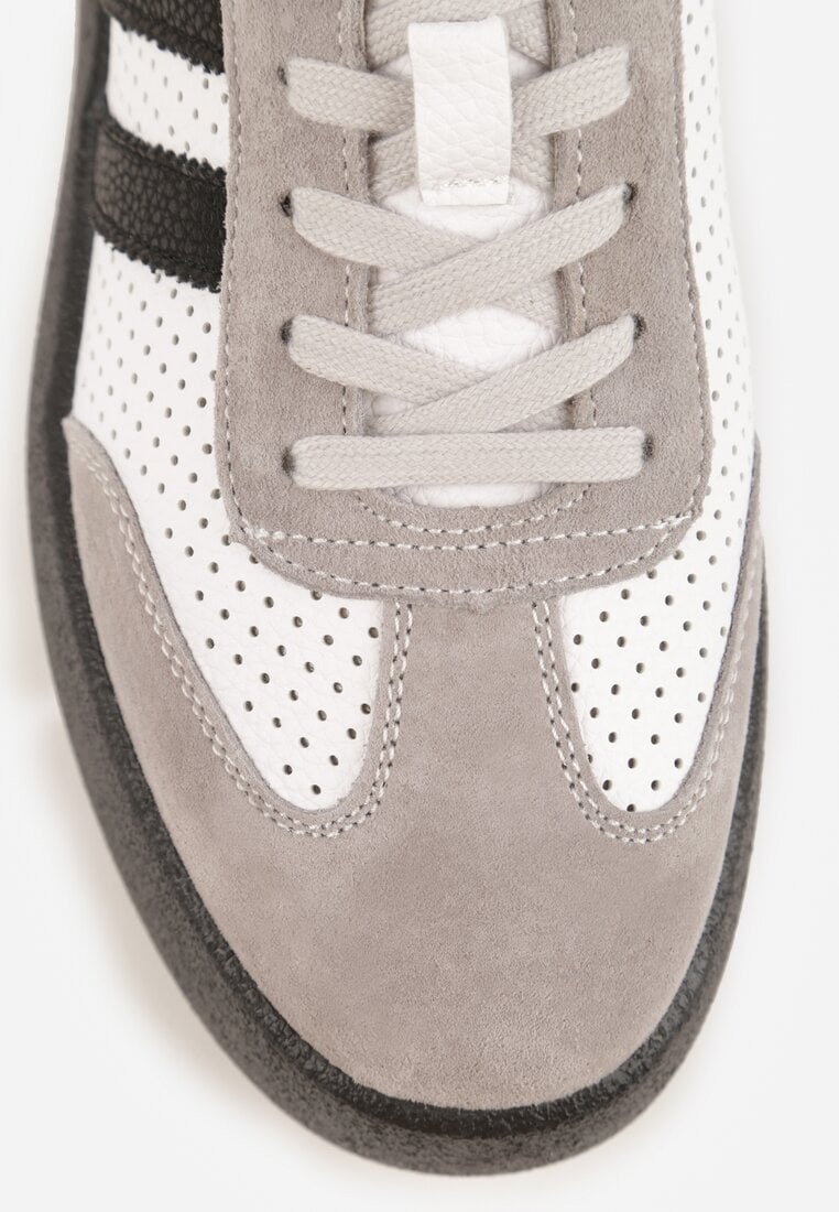 Biało-Szare Sneakersy ze Skóry Naturalnej na Platformie z Perforacją  i Paskami Urevla