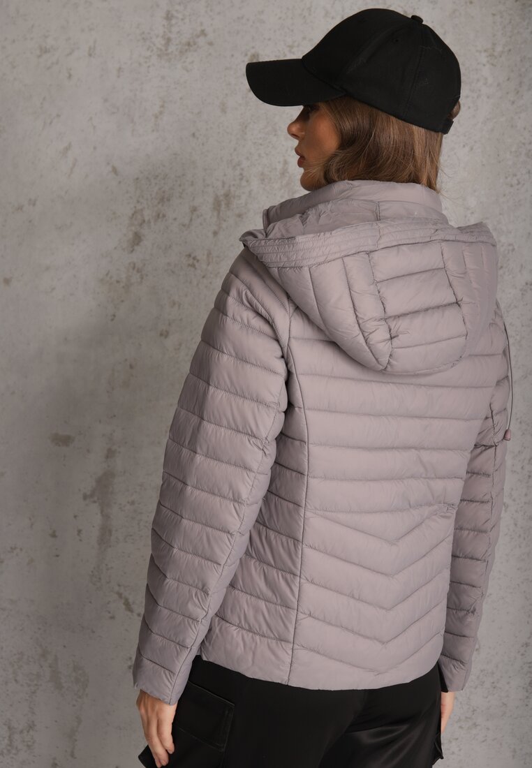 Szara Przejściowa Kurtka Pikowana z Kapturem z Możliwością Odpięcia Pretiga