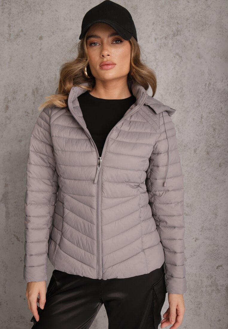 Szara Przejściowa Kurtka Pikowana z Kapturem z Możliwością Odpięcia Pretiga