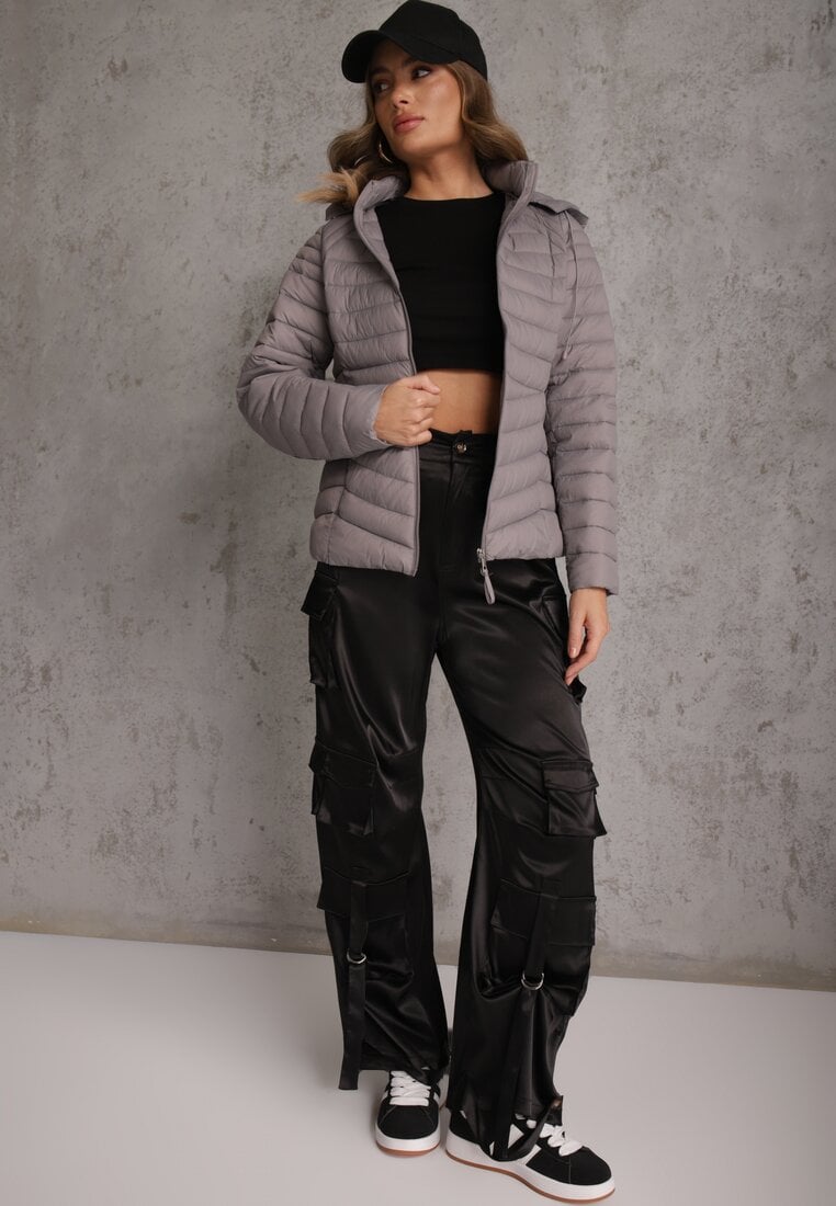 Szara Przejściowa Kurtka Pikowana z Kapturem z Możliwością Odpięcia Pretiga