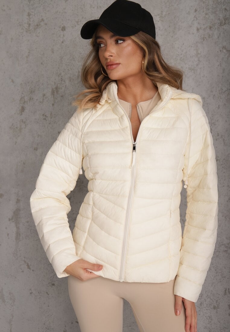 Jasnobeżowa Przejściowa Kurtka Pikowana z Kapturem z Możliwością Odpięcia Pretiga