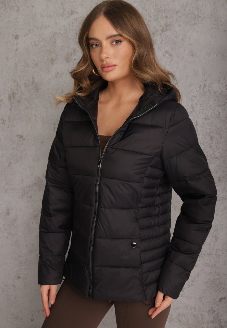 Czarna Pikowana Kurtka Przejściowa z Kapturem Learithra