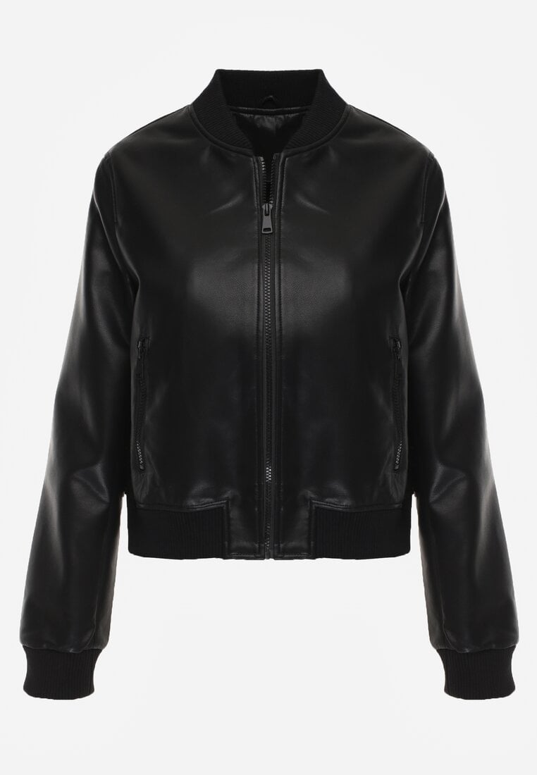 Czarna Kurtka Przejściowa Typu Bomber Jacket z Imitacji Skóry Izaria