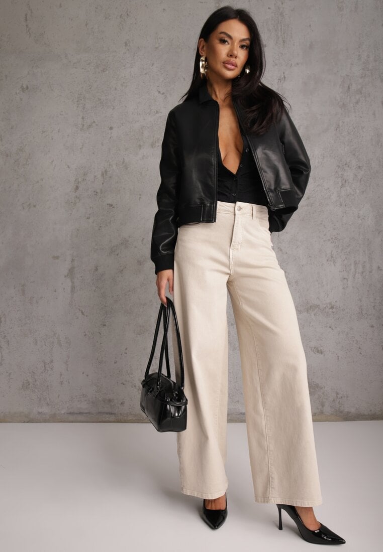 Czarna Kurtka Przejściowa Typu Bomber Jacket z Imitacji Skóry Izaria