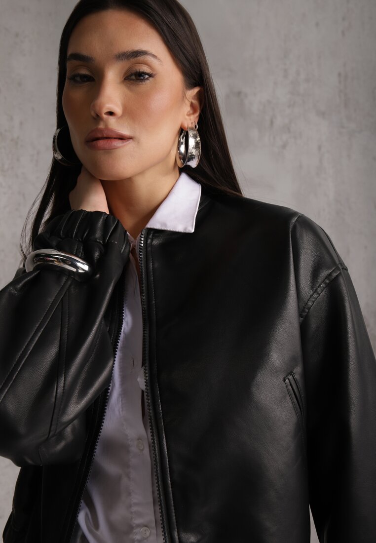 Czarna Cropped Kurtka Bomber Jacket z Imitacji Skóry Edarae