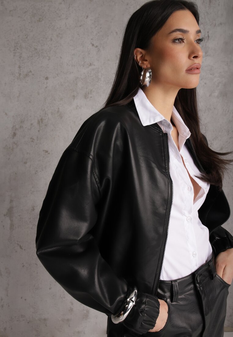 Czarna Cropped Kurtka Bomber Jacket z Imitacji Skóry Edarae