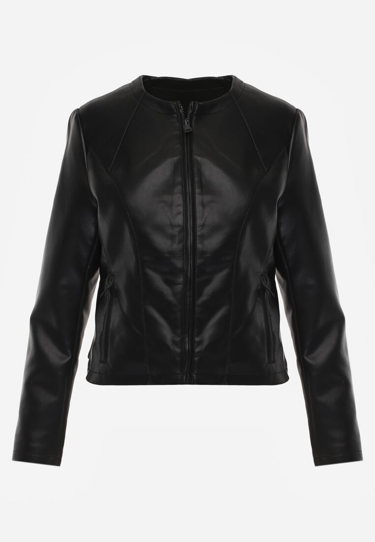 Czarna Kurtka w Stylu Gładkiej Ramoneski z Dekoltem Crew Neck Issanore