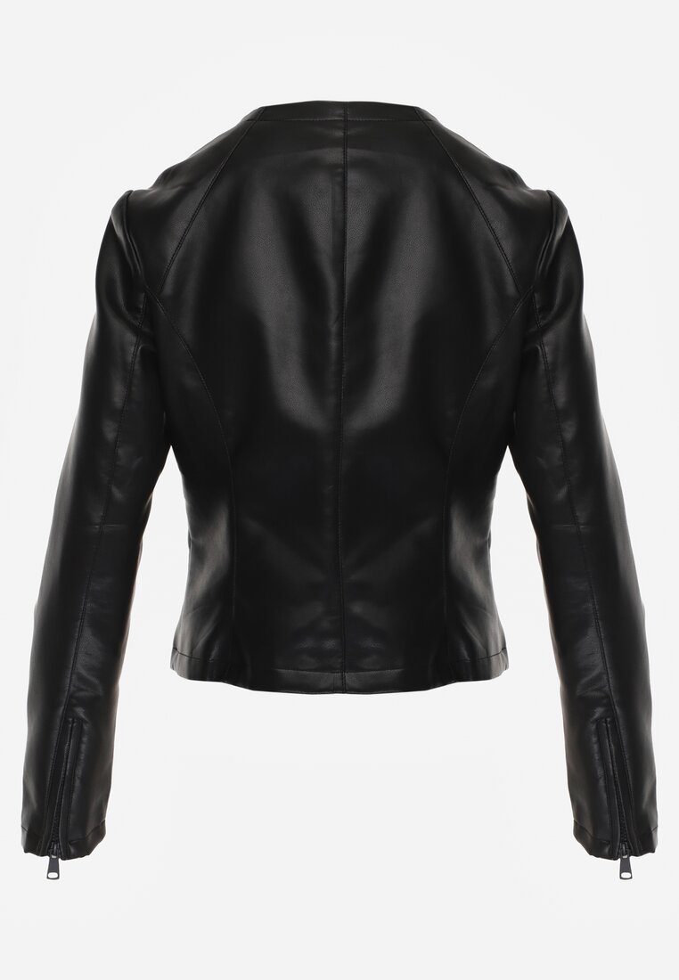 Czarna Kurtka w Stylu Gładkiej Ramoneski z Dekoltem Crew Neck Issanore