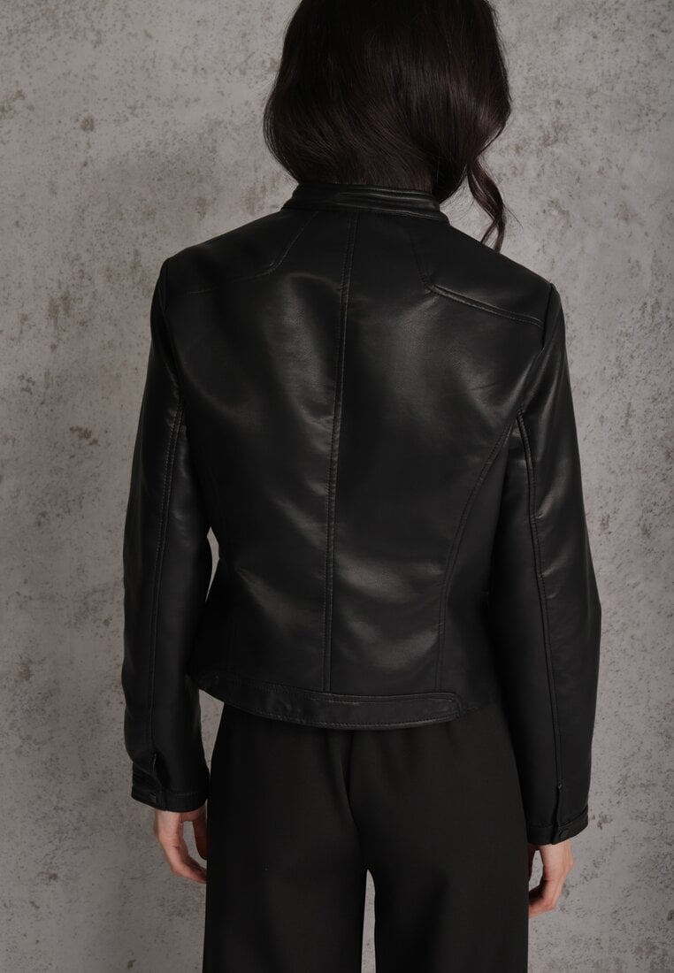 Czarna Taliowana Kurtka Ramoneska Y2K ze Stójką Fezilae