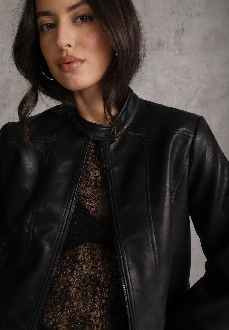 Czarna Taliowana Kurtka Ramoneska Y2K ze Stójką Fezilae