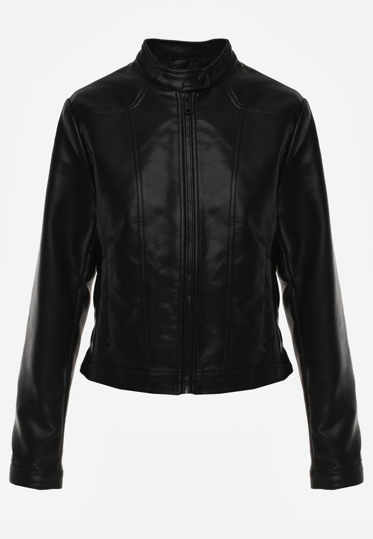 Czarna Taliowana Kurtka Ramoneska Y2K ze Stójką Fezilae