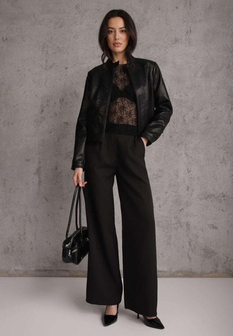 Czarna Taliowana Kurtka Ramoneska Y2K ze Stójką Fezilae