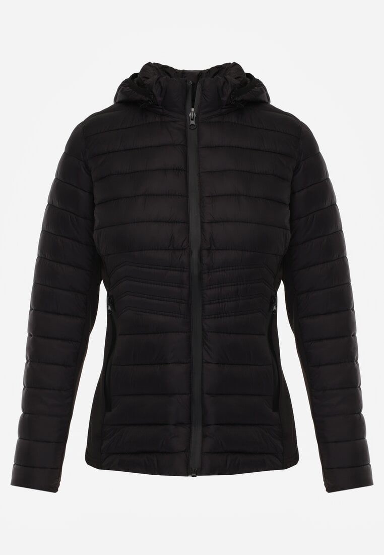 Czarna Przejściowa Kurtka z Pikowaniem Elastycznymi Wstawkami i Kapturem Fezilina