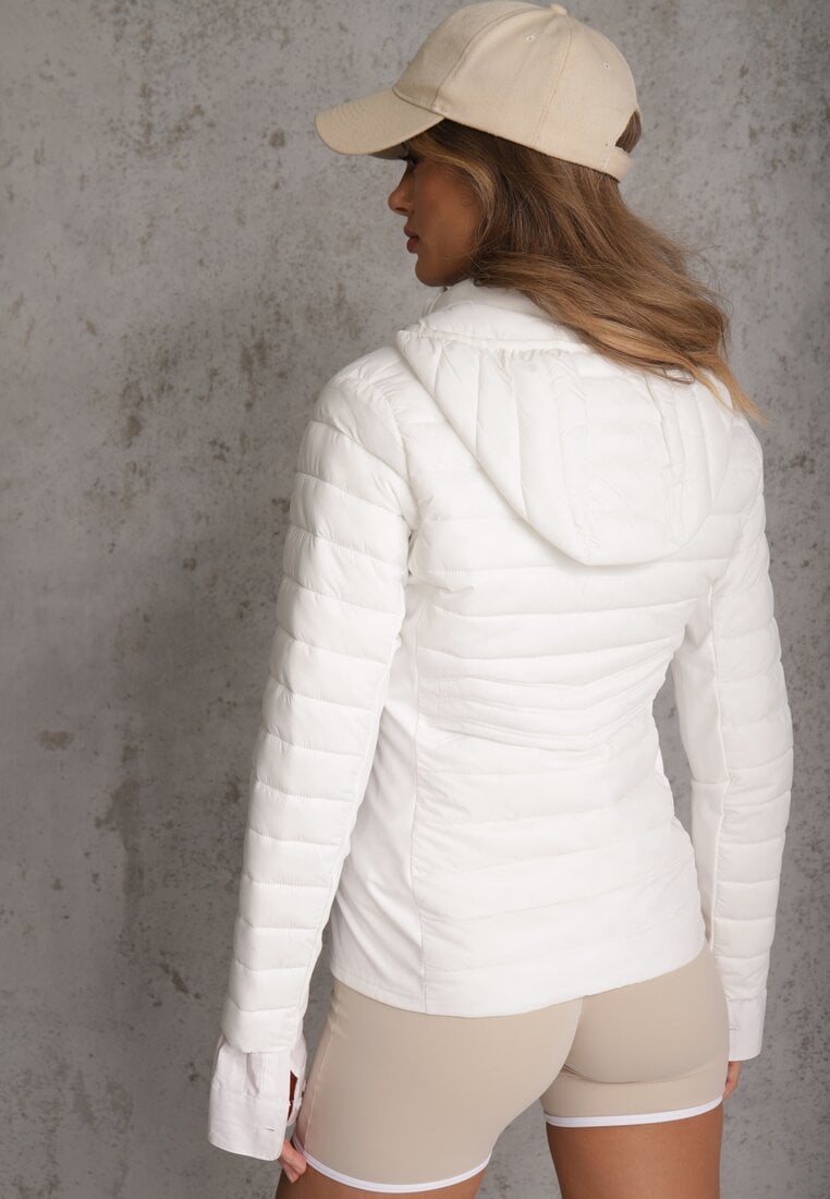 Biała Przejściowa Kurtka z Pikowaniem Elastycznymi Wstawkami i Kapturem Fezilina