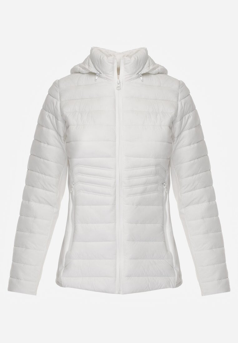 Biała Przejściowa Kurtka z Pikowaniem Elastycznymi Wstawkami i Kapturem Fezilina