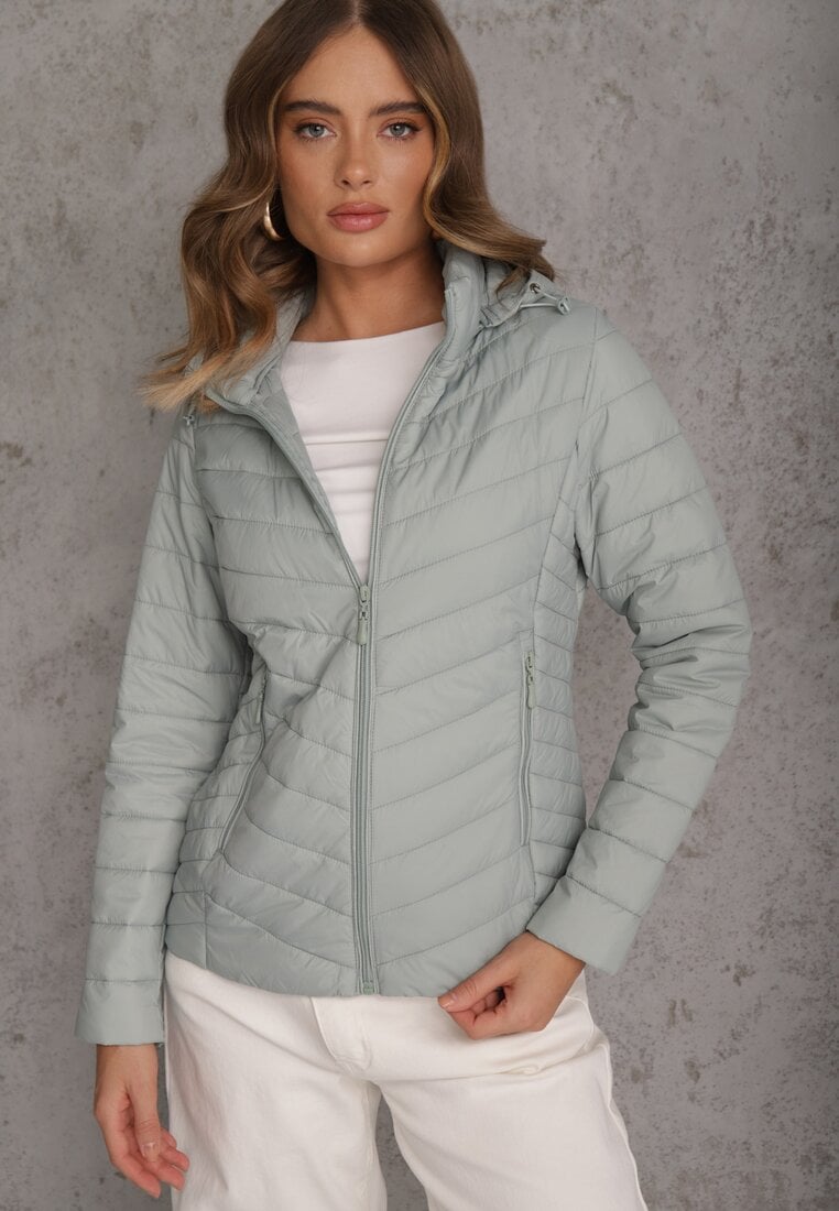 Jasnozielona Kurtka Przejściowa z Pikowaniem i Odpinanym Kapturem Edielitia