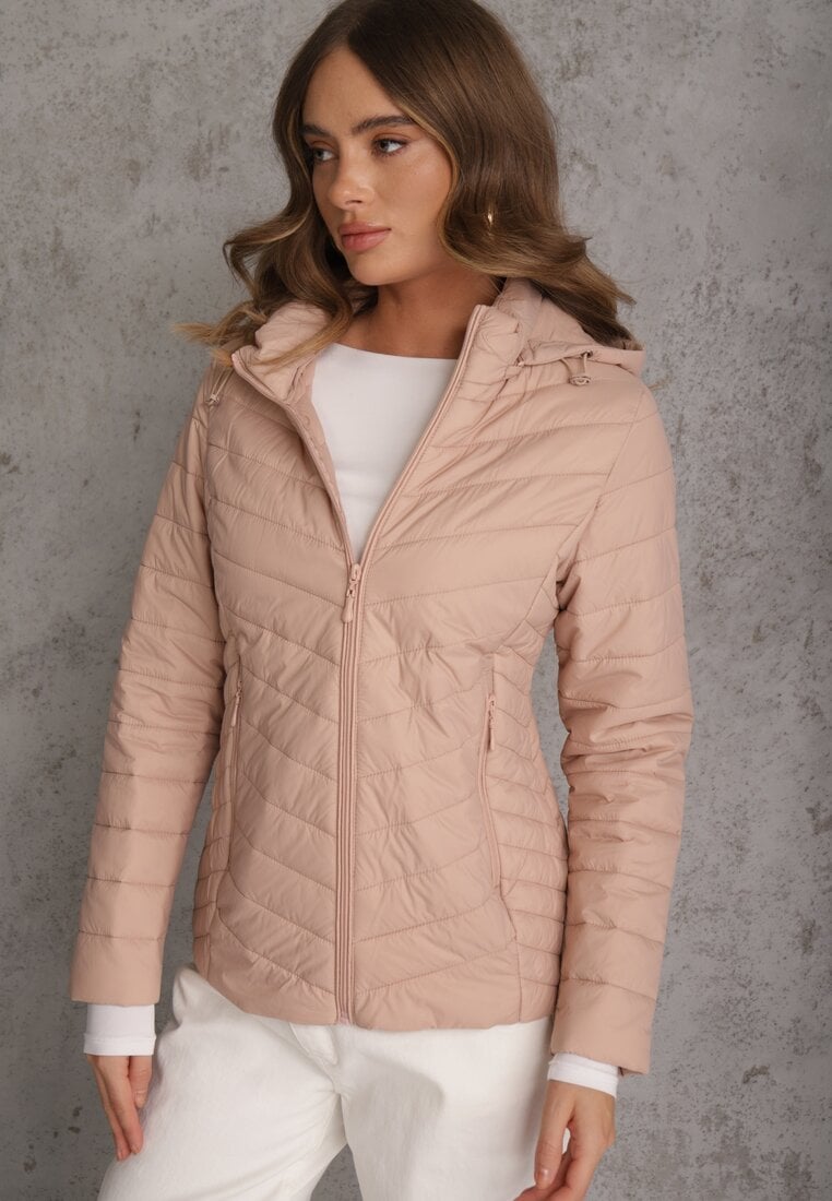 Beżowa Kurtka Przejściowa z Pikowaniem i Odpinanym Kapturem Edielitia
