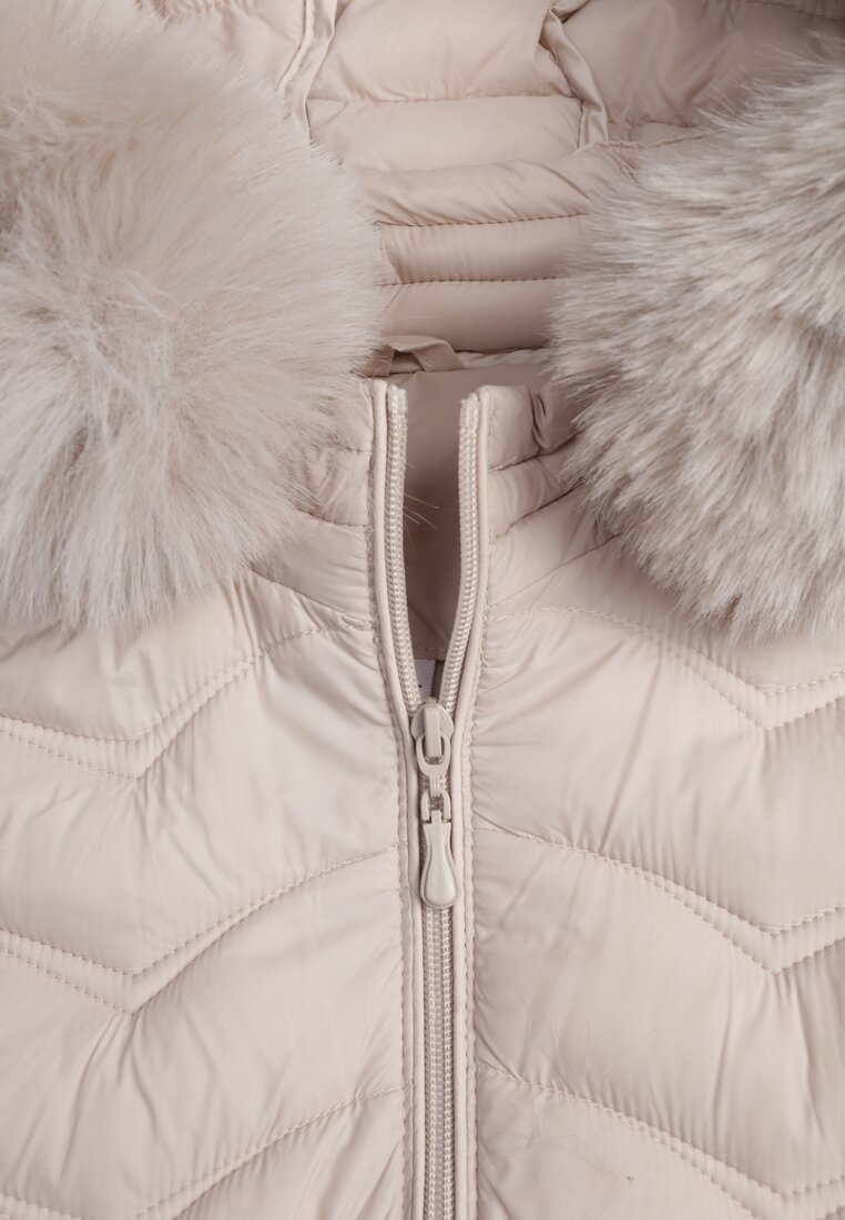 Jasnobeżowa Przejściowa Kurtka z Pikowaniem Bocznymi Ściągaczami i Kapturem Fezizia
