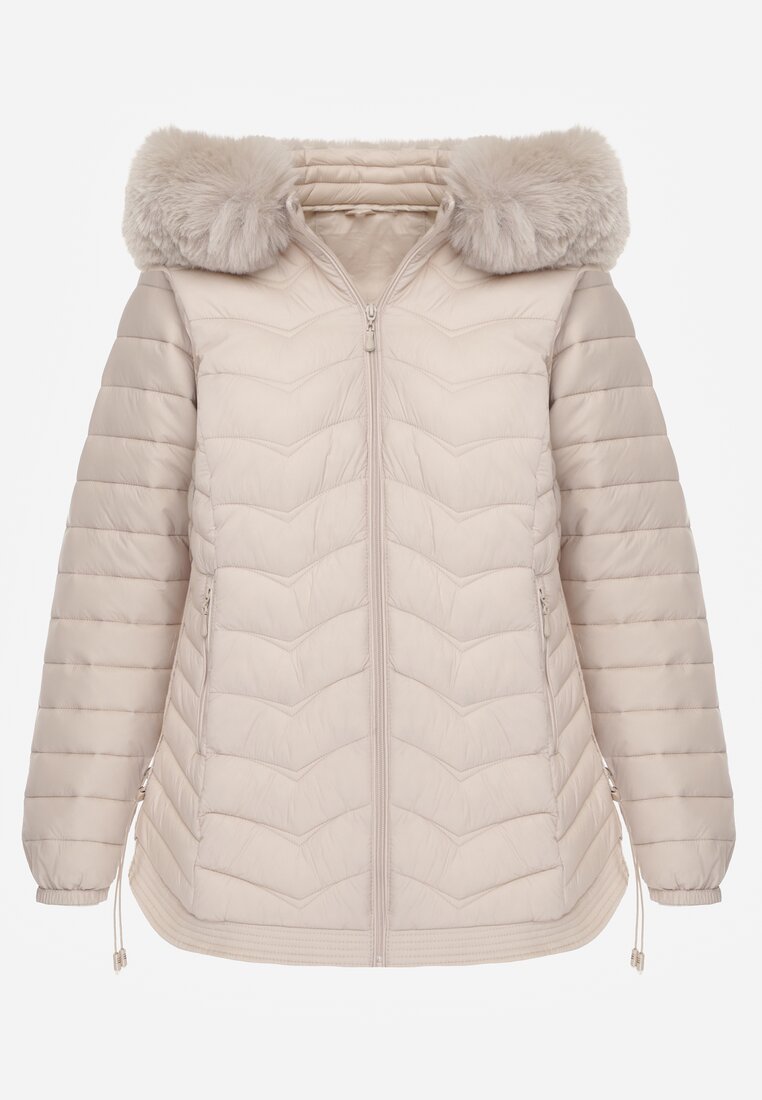 Jasnobeżowa Przejściowa Kurtka z Pikowaniem Bocznymi Ściągaczami i Kapturem Fezizia