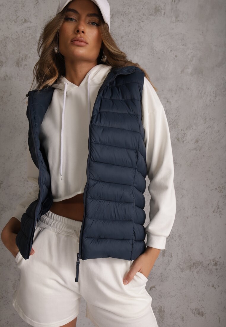 Granatowa Przejściowa Kamizelka z Pikowaniem i Kapturem Neatwenna