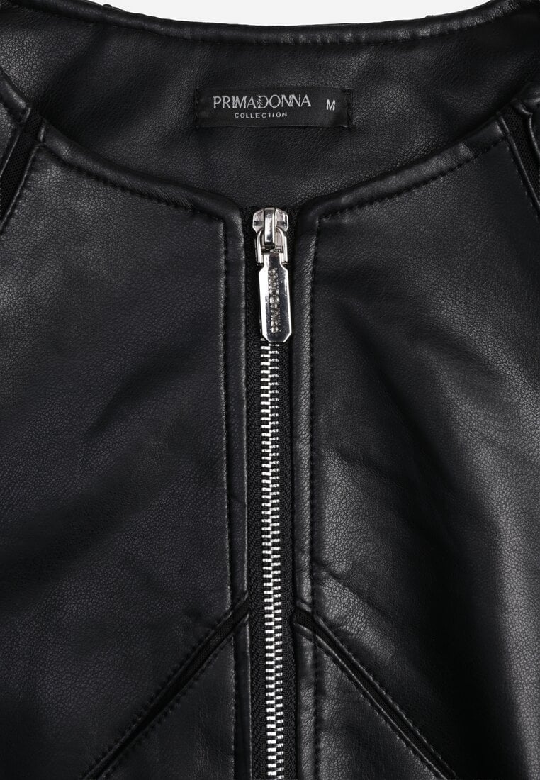 Czarna Taliowana Kurtka Biker z Dekoltem Crew Neck Ozdobiona Przeszyciami Nelithaen