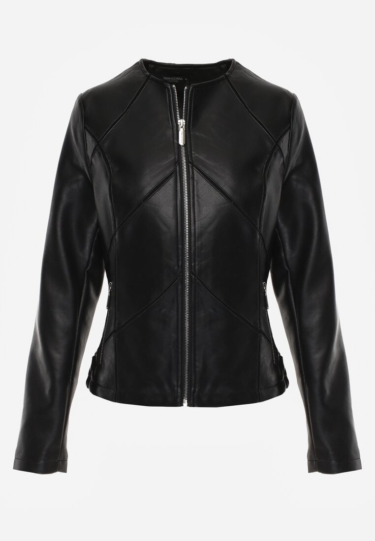 Czarna Taliowana Kurtka Biker z Dekoltem Crew Neck Ozdobiona Przeszyciami Nelithaen