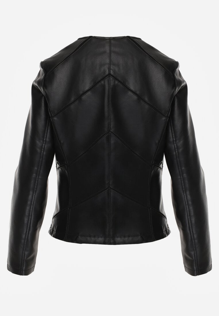 Czarna Taliowana Kurtka Biker z Dekoltem Crew Neck Ozdobiona Przeszyciami Nelithaen