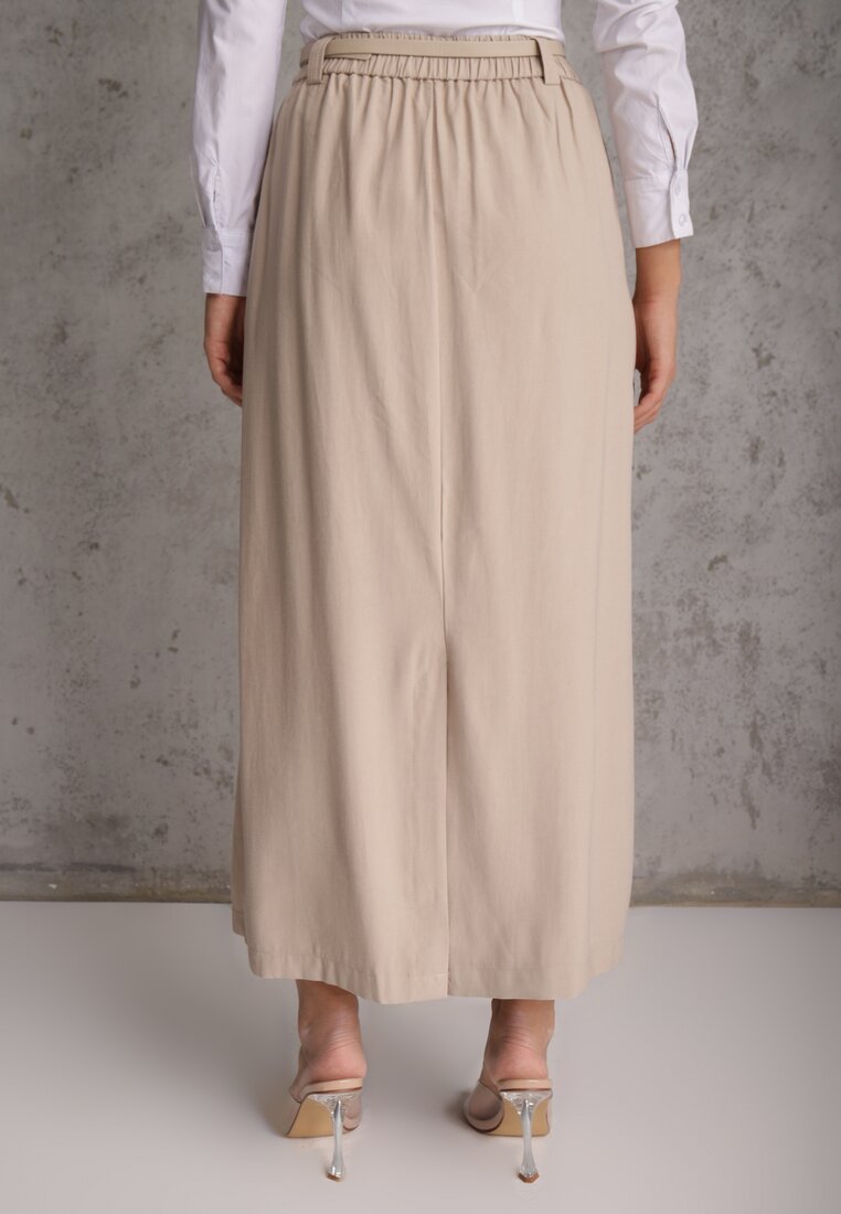 Beżowa Rozkloszowana Spódnica z Wiskozy Zdobiona Plisami i Paskiem Durklea