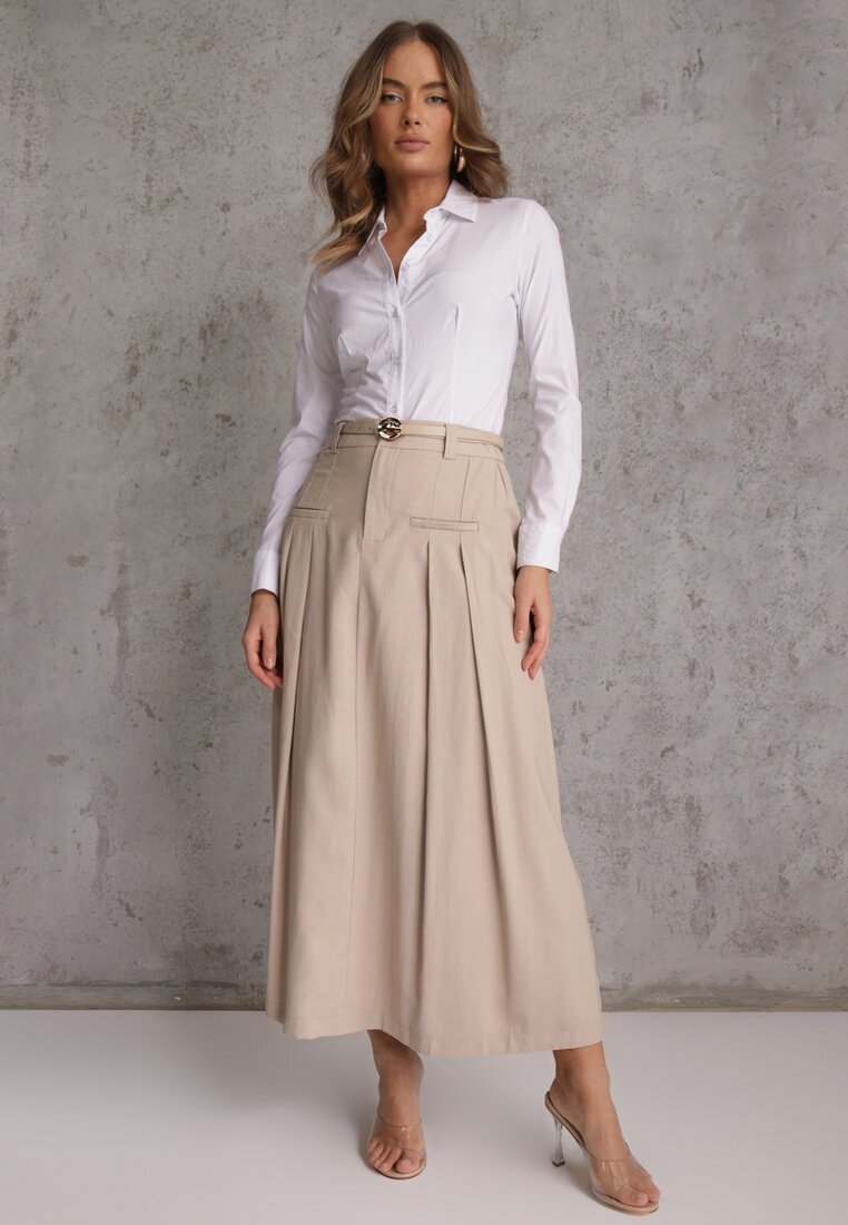 Beżowa Rozkloszowana Spódnica z Wiskozy Zdobiona Plisami i Paskiem Durklea