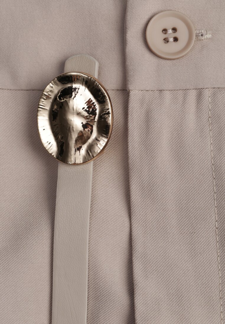 Beżowa Rozkloszowana Spódnica z Wiskozy Zdobiona Plisami i Paskiem Durklea