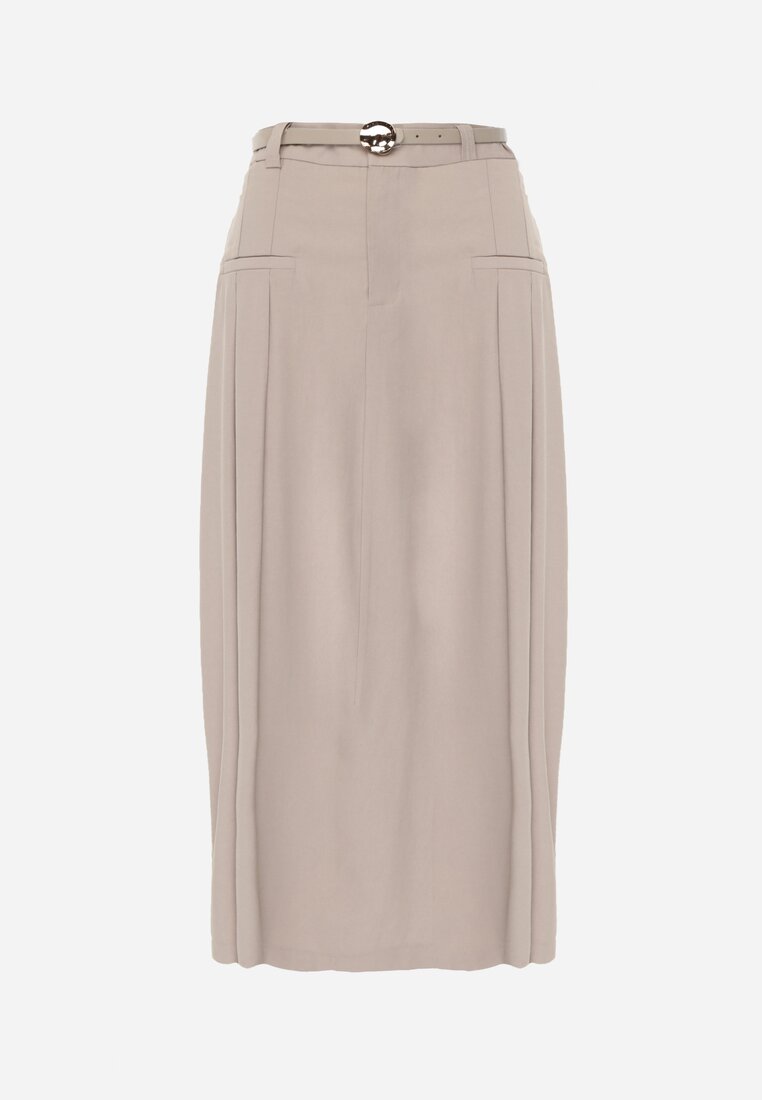 Beżowa Rozkloszowana Spódnica z Wiskozy Zdobiona Plisami i Paskiem Durklea