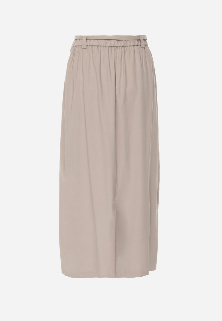 Beżowa Rozkloszowana Spódnica z Wiskozy Zdobiona Plisami i Paskiem Durklea