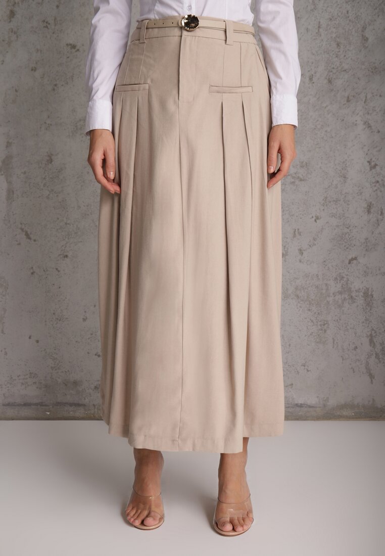 Beżowa Rozkloszowana Spódnica z Wiskozy Zdobiona Plisami i Paskiem Durklea