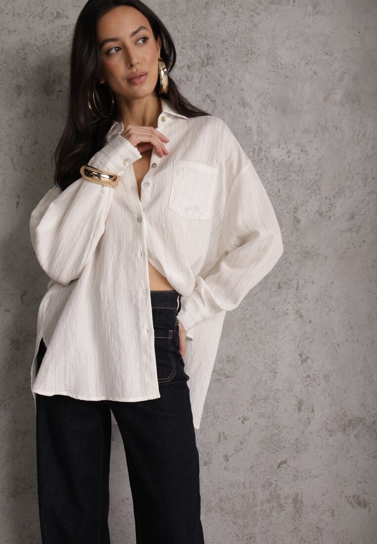 Biała Koszula z Wiskozy z Domieszką Lnu ze Strukturalnego Materiału Sewrita