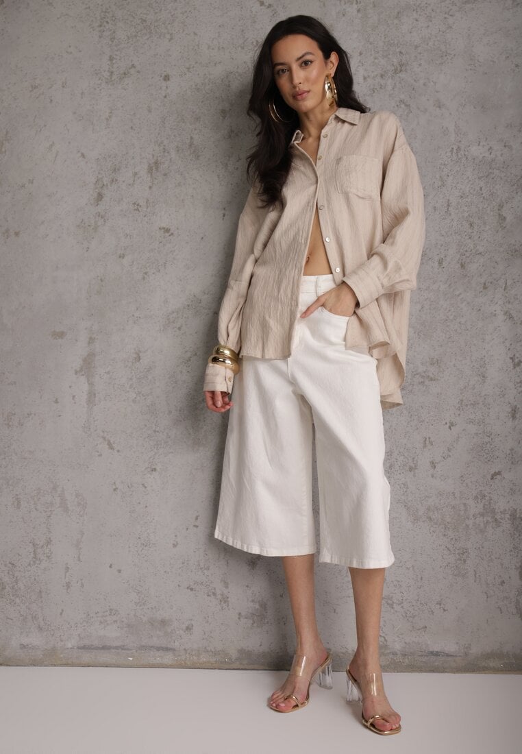 Beżowa Koszula z Wiskozy z Domieszką Lnu ze Strukturalnego Materiału Sewrita