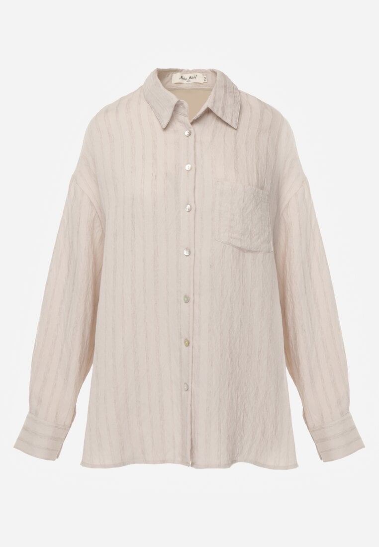 Beżowa Koszula z Wiskozy z Domieszką Lnu ze Strukturalnego Materiału Sewrita